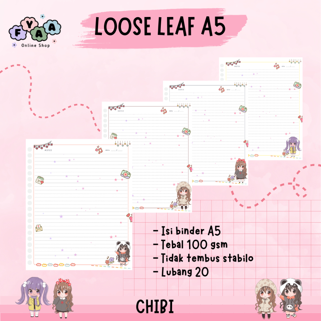 

KERTAS LOOSE LEAF ISI BINDER REFILL NOTEBOOK A5 KARAKTER CHIBI - 100 GSM
