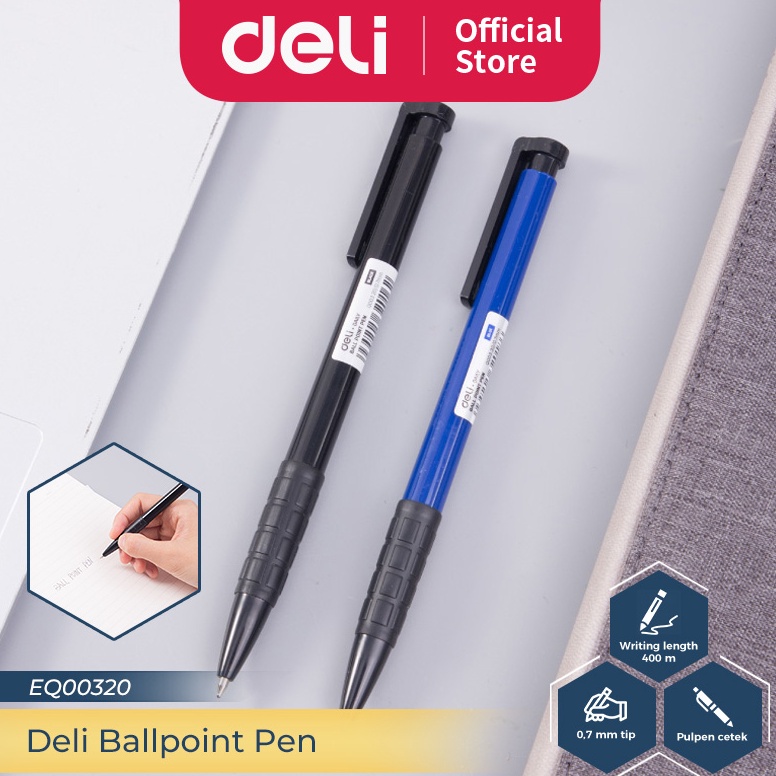 

Promo Deli Rectractable Ballpoint Pen Pulpen Cetek 7 mm Isi 12 pcsbox Hitam EQ3212PCS 6PT
