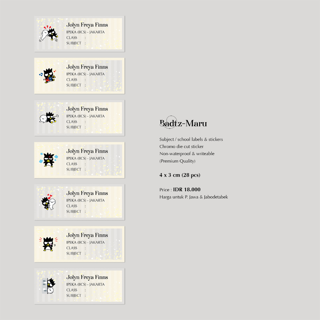 

BADTZ-MARU (STIKER MATA PELAJARAN - 28 pcs) / LABEL SEKOLAH / LABEL & STIKER NAMA