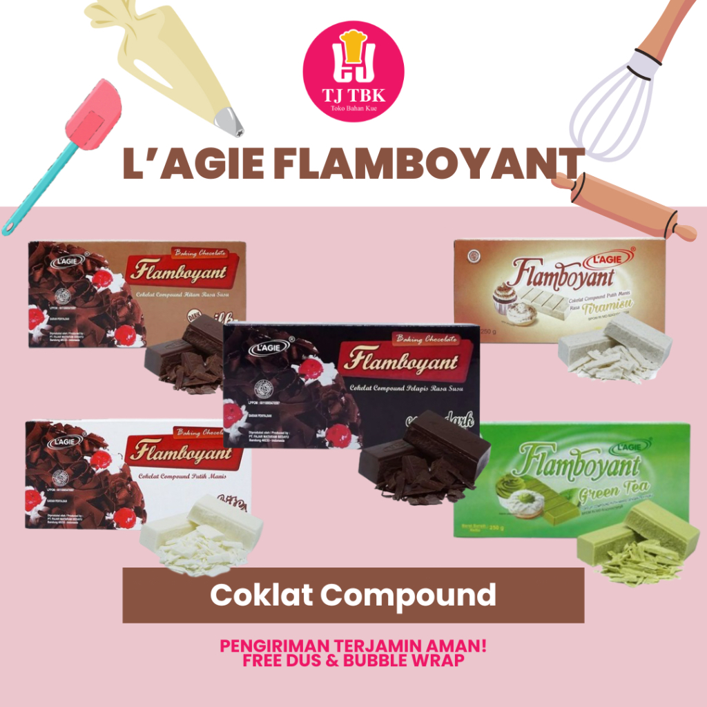 

L'Agie/ Lagie Flamboyant Coklat Compound 250gr | Rasa Extra Dark, Dark Milk, White, Green Tea, Tiramisu