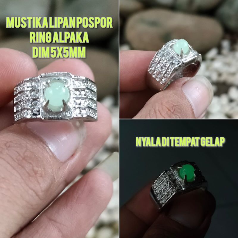 CINCIN BATU POSPOR MUSTIKA LIPAN BULAT NYALA DI TEMPAT GELAP ALPAKA