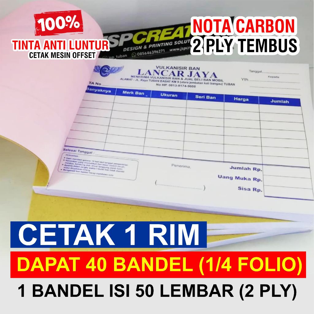 

CETAK 1RIM NOTA CUSTOM 2PLY ( TEMBUS ) ANTI LUNTUR, UNTUK NOTA TOKO, NOTA OLSHOP, NOTA LAUNDRY dll