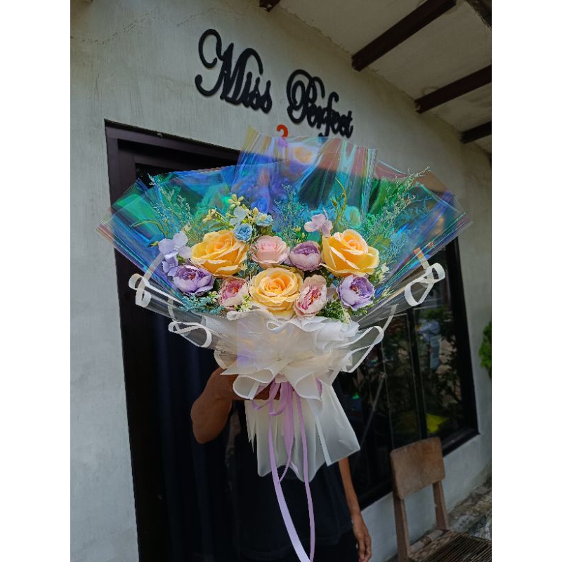 buket bunga mawar artificial mix Peony hologram Surabaya