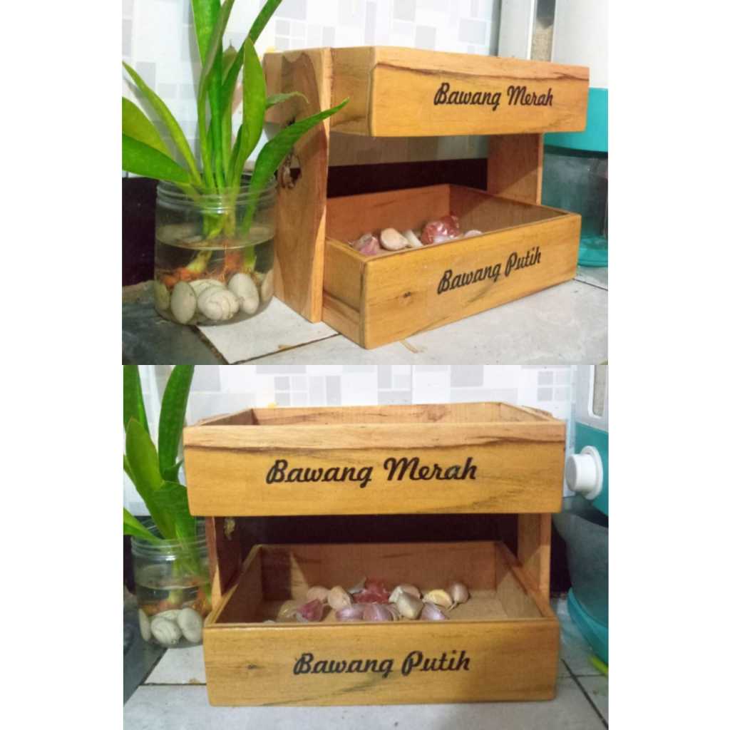 ak Bawang Susun KAYU JATI Gratis Stiker Tempat Telur Bumbu Dapur Unik Aesthetic Kualitas Premium