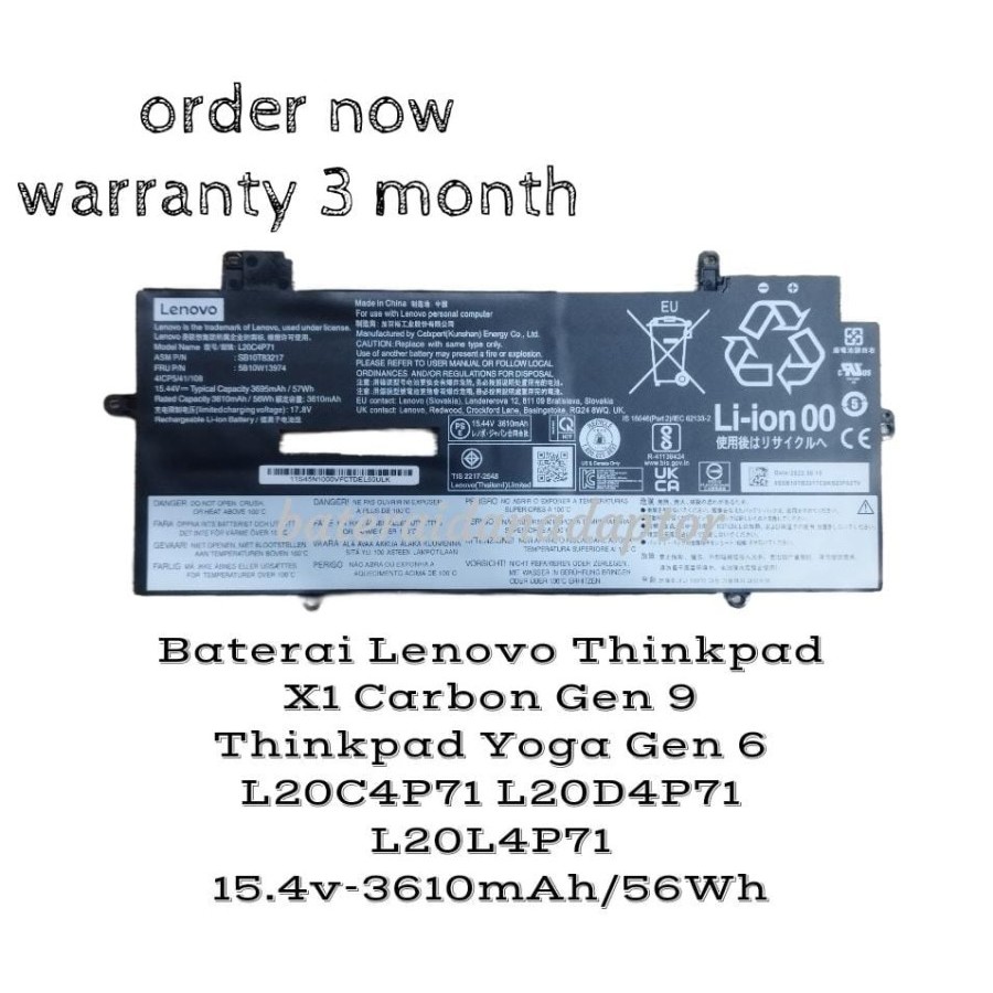 Baterai Thinkpad X1 Carbon Gen 9 Yoga Gen 6 L20C4P71 L20D4P71 L20L4P71