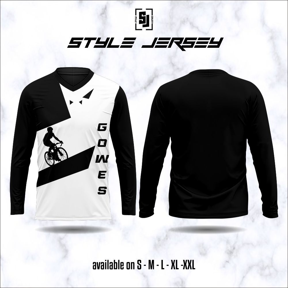 Atasan - Jersey Sepeda Roadbike Hitam Putih 56 Kaos Gowes Lengan Panjang Digital Printing Dryfit Pre