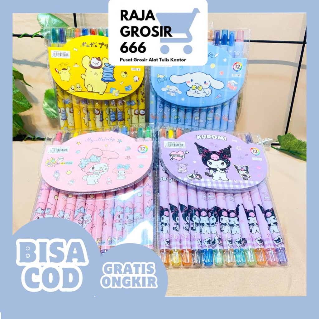 

KRAYON SANRIO ISI 12 PCS KR-1134 CRAYON TWIST KUROMI FRIENDS CINAMORROL KUROMI POMPURIN MELODY HEADBAND LUCU ALA KOREA