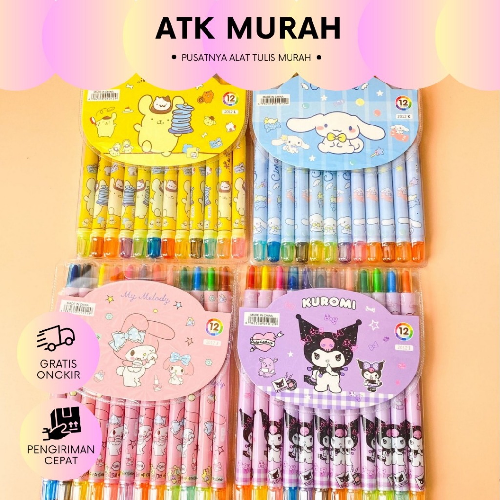 

ALA KOREA KRAYON CRAYON TWIST SANRIO ISI 12 PCS KR-1134 KUROMI FRIENDS CINAMORROL KUROMI POMPURIN MELODY