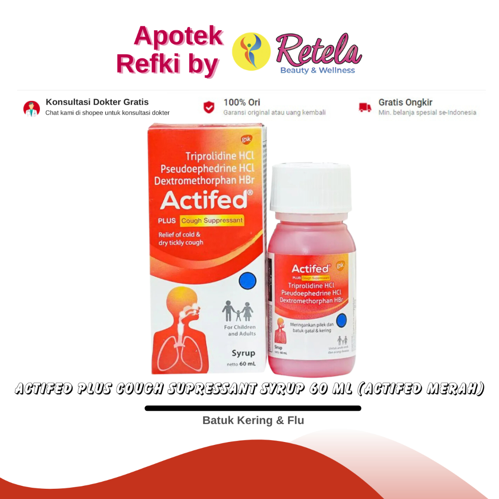 Actifed Plus Cough Supressant Syrup 60 Ml (Actifed Merah) / Batuk Kering & Flu