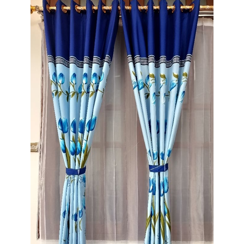 Gorden pintu dan jendela 12 ring motif bunga tulip biru