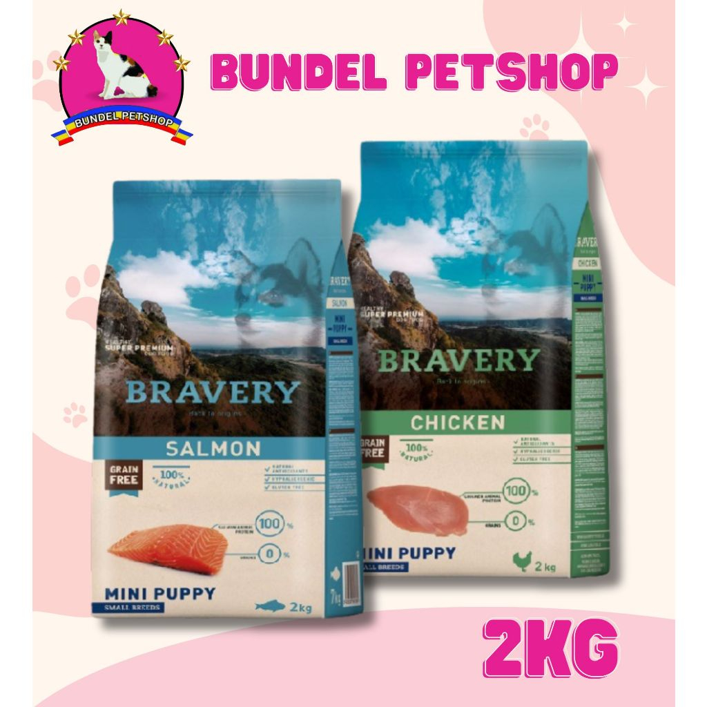 BRAVERY MINI PUPPY 2Kg Small Breed - Makanan Anak Anjing Rasa Salmon Chicken Kering / Dry Dogfood Gr