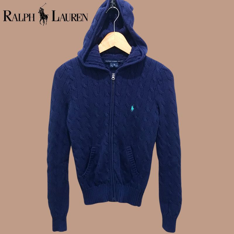 Ralph Lauren Sport Navy Cable Full Zip Cotton Hoodie Sweater