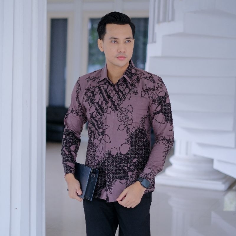 Warna Ungu Taro Kemeja Batik Pria Lengan Panjang Lapis Furing Baju Batik Pria Original Slimfit Hem B