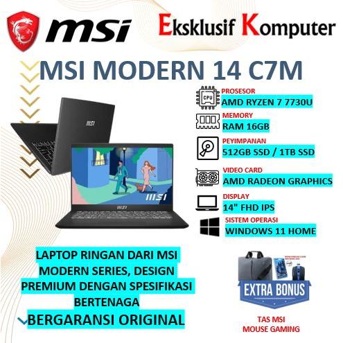 LAPTOP MSI MODERN 14 C7M AMD RYZEN 7 7730U 16GB 1TB 14"FHD IPS WIN 11 MURAH