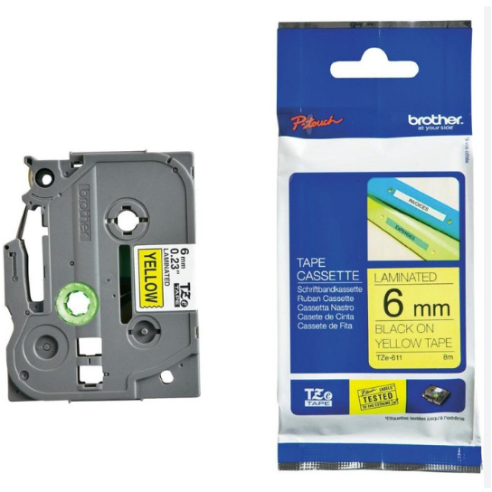 

Brother TZe-611 6mm Black on Yellow/Brother P-Touch Printer Label Tape