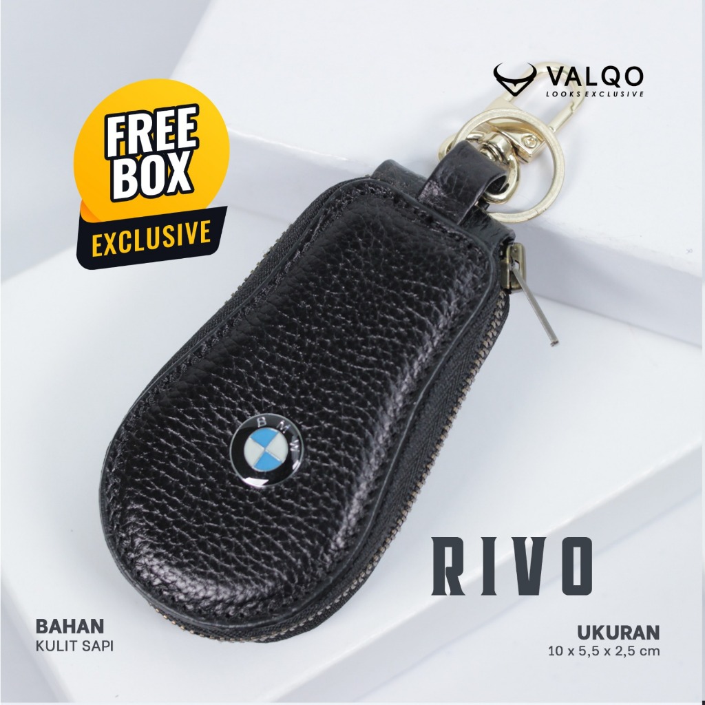 VALQO RIVO Gantungan kunci Keyless Kulit Sapi Hitam Dompet STNK Remot Mobil Motor BMW