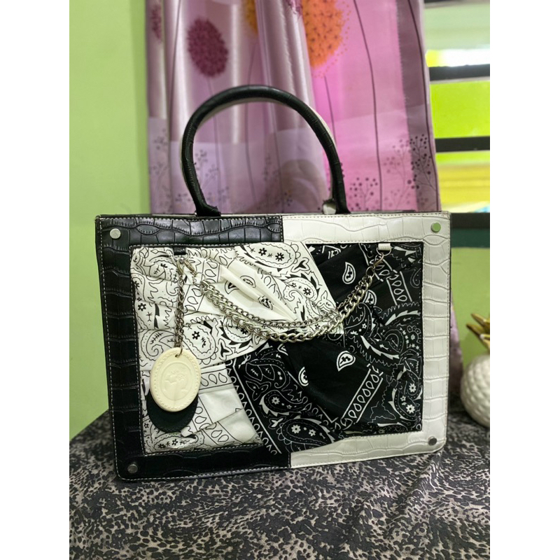 top handle tas croco black & white selempang wanita kantor pesta preloved