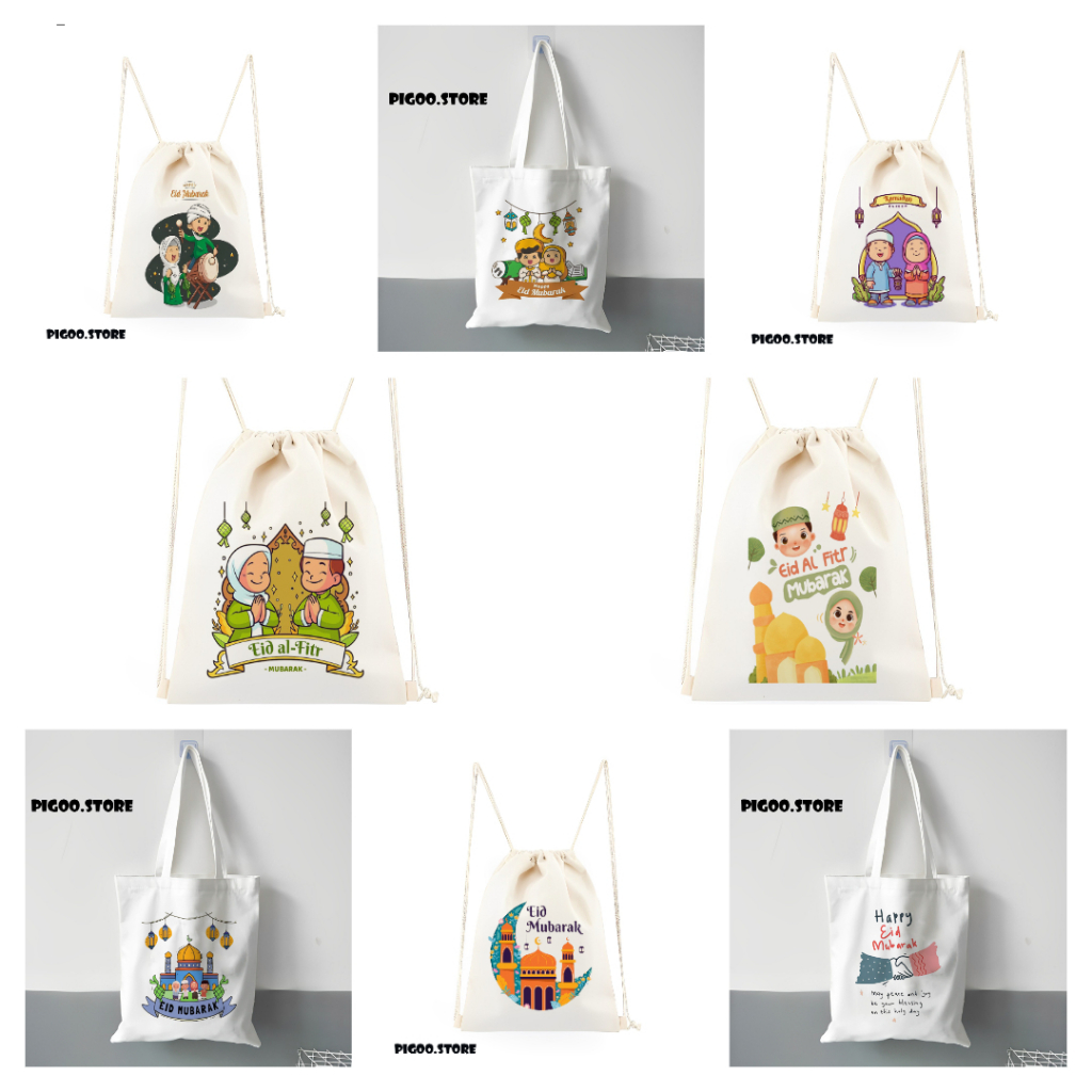 Tote Bag Tas Serut Kanvas Edisi Lebaran Idul Fitri 2024 / Totebag wanita resleting / Goodiebag Ramad