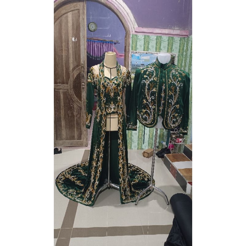kebaya bludru pengantin hijau botol payet jepang