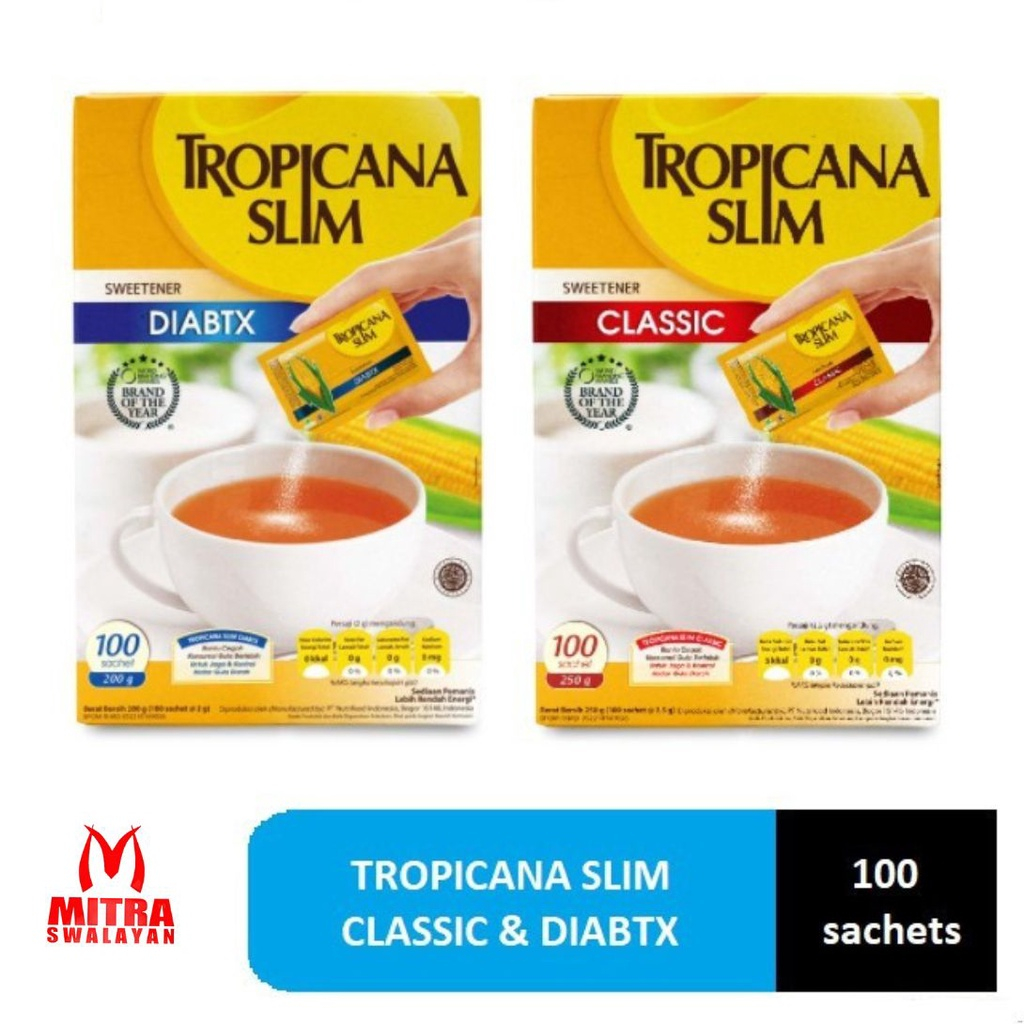 

Tropicana Slim Sweetener Classic dan DIABTX 100 dan 25 sachet