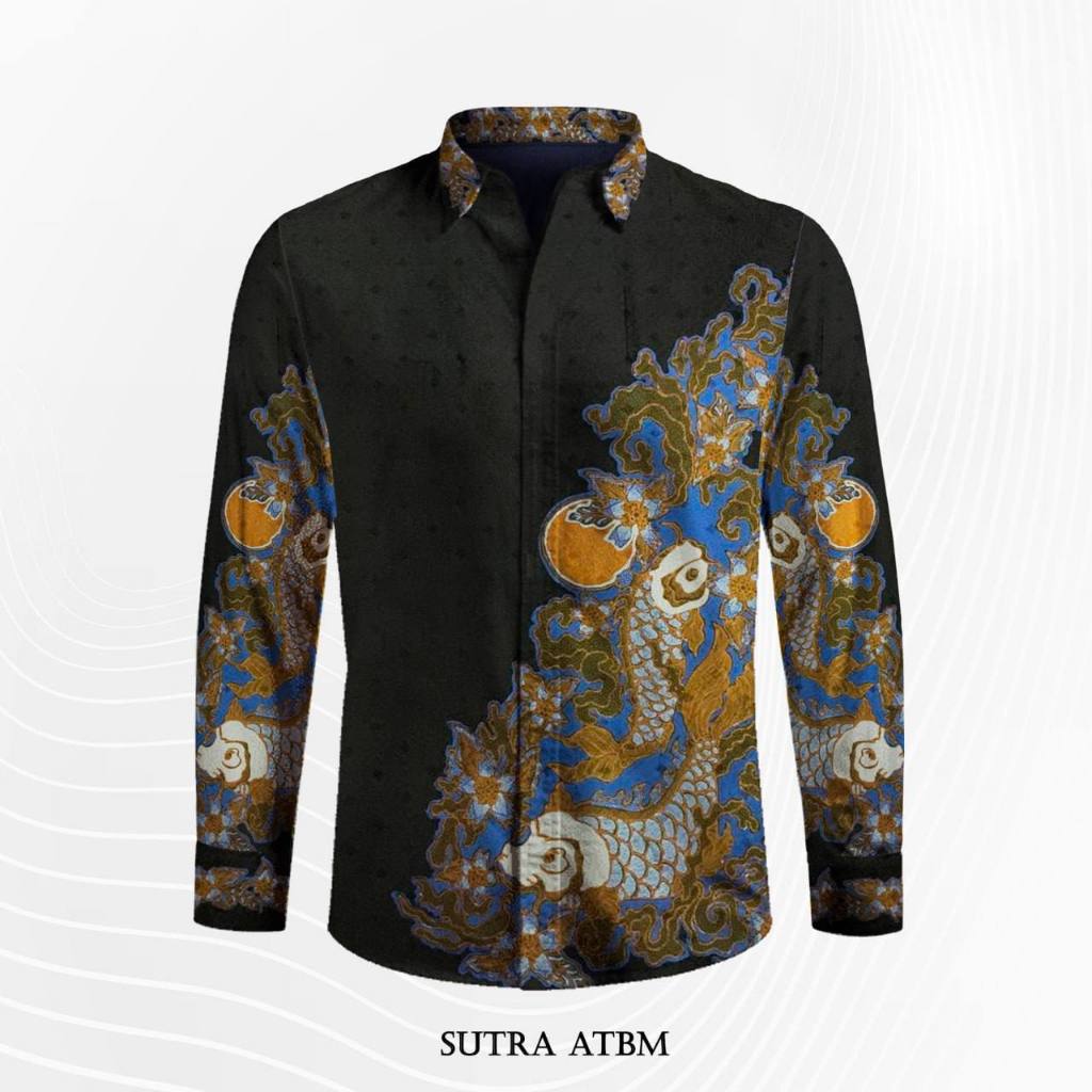 Kemeja batik motif naga pria lengan panjang bahan batik tulis hitam bahan atbm sutera premium jumbo 