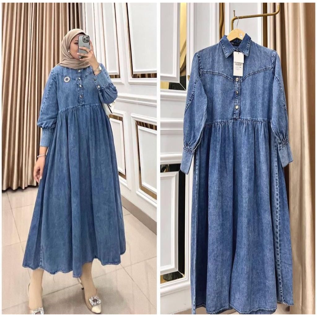 MIDI DRESS JEANS WASH PREMIUM BUSUI FRIENDLY FULL KANCING VIRAL KEKINIAN TERMURAH LONG TUNIK GAUL ID