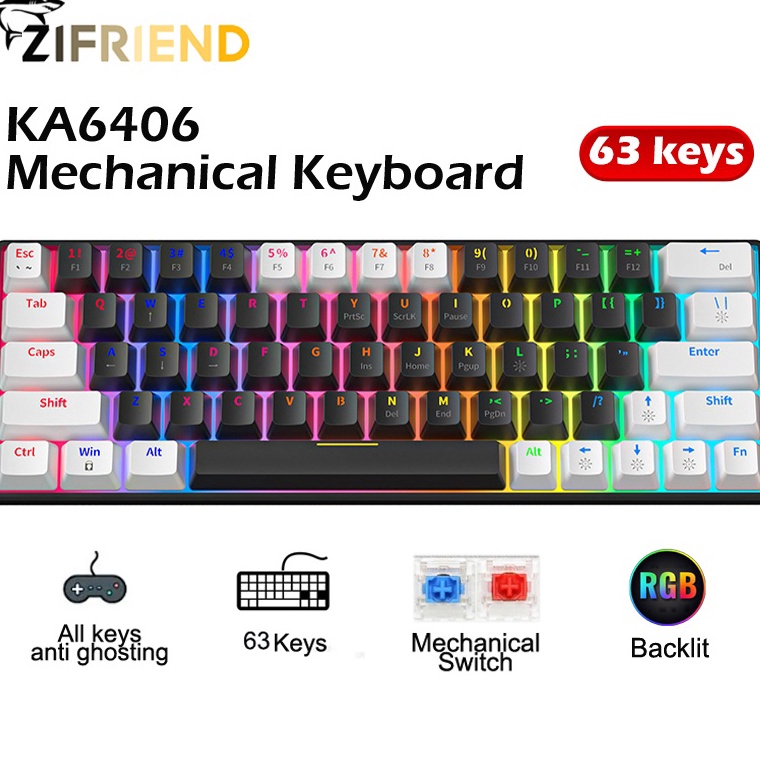FLASH SALE ZIFRIEND KA646 63 Keys RGB Backlit Wired Black Mechanical Keyboard