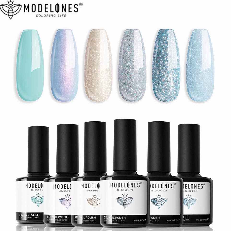 RAIH DISKON Modelones Gel Nail Polish Set Mermaid 6 Pcs Blue Silver Glitter Gel Nail Mint Polish Gre