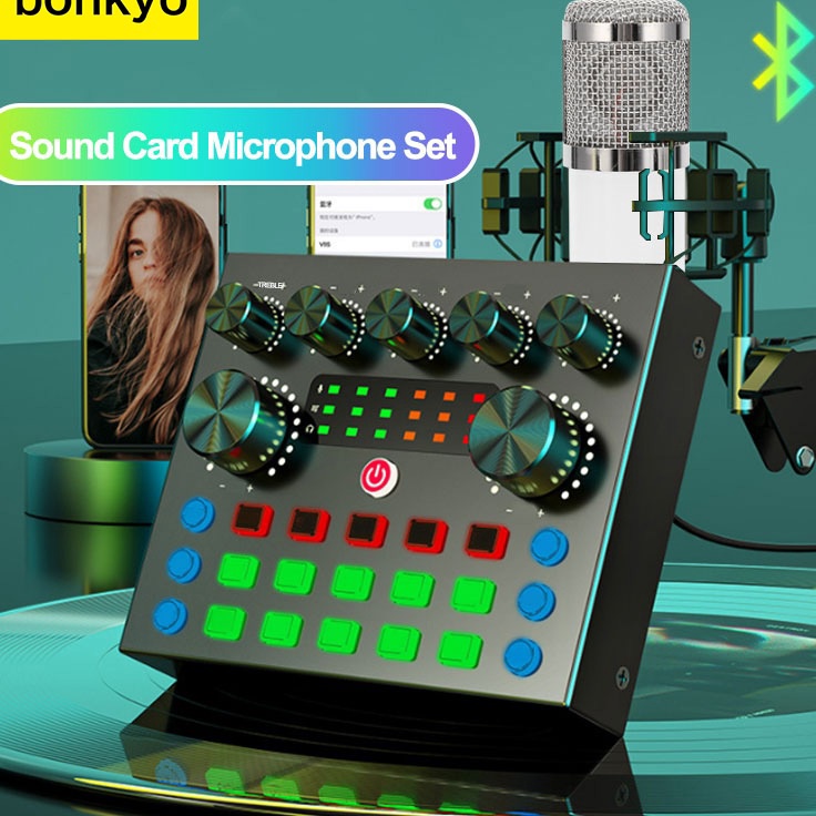 jr Bonkyo V8S SoundCard plus amplifier Bluetooth Audio Usb External Webcast Live mini mixser audio M