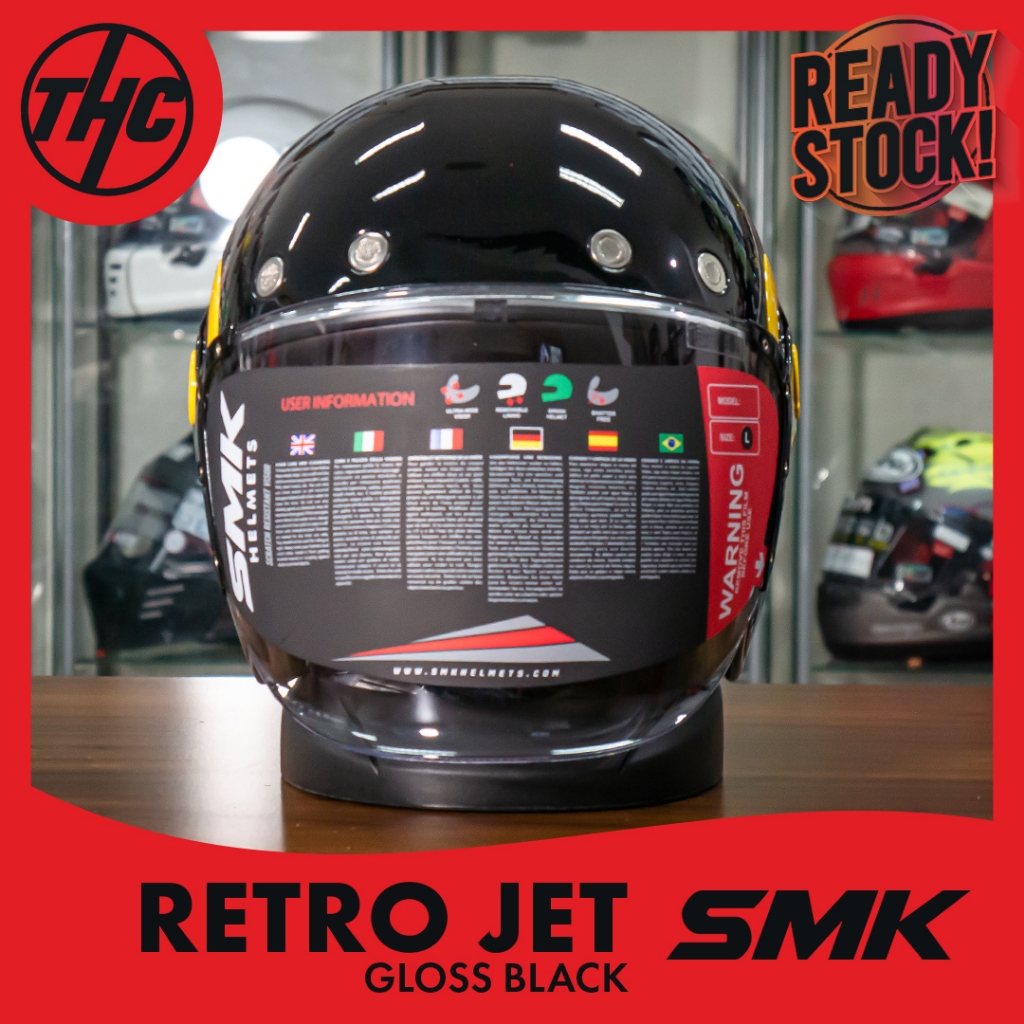 HELM SMK RETRO JET BLACK GLOSSY HALF FACE VINTAGE HELMET SMK