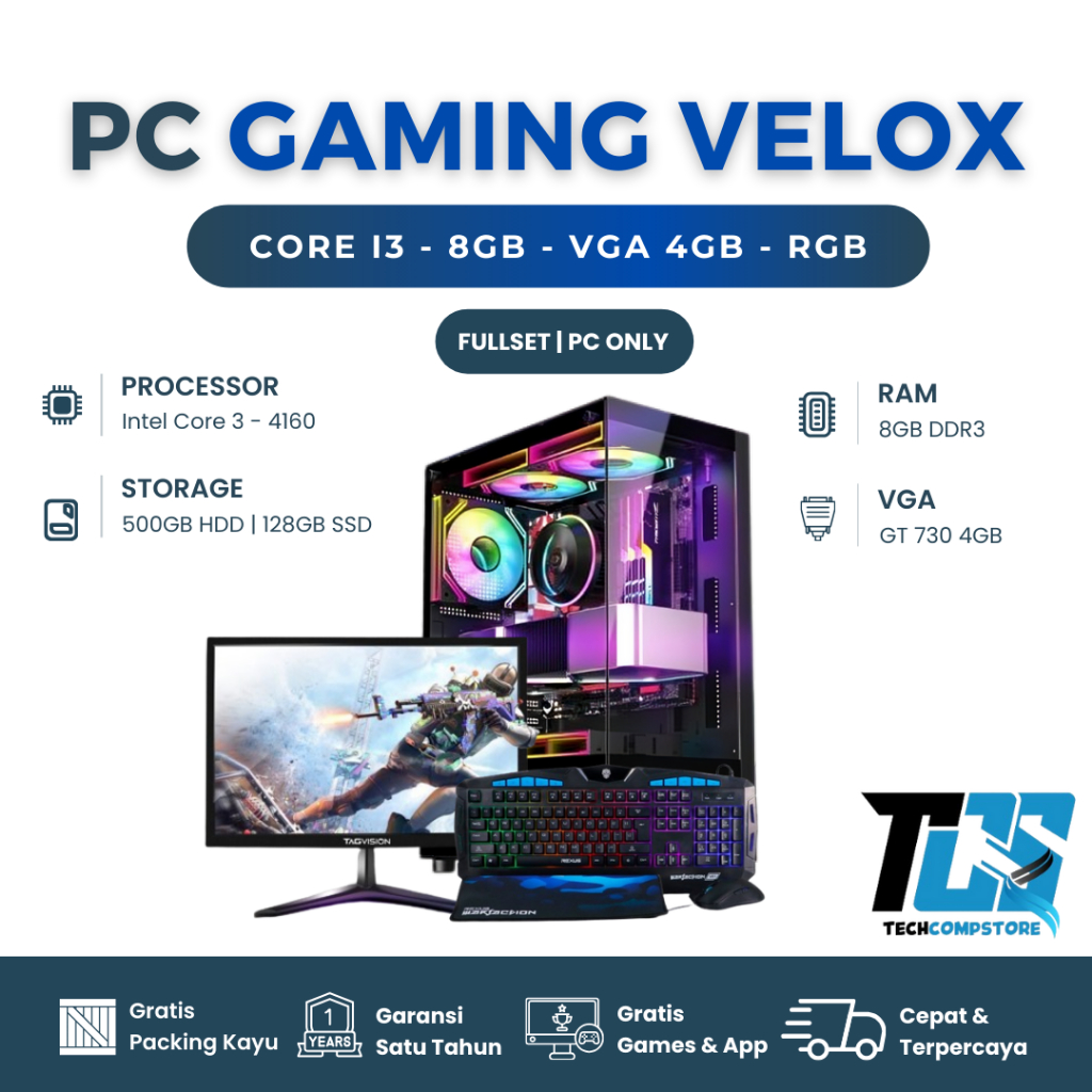 PC Gaming Editing Rakitan i3 Ram 8GB VGA 4GB SSD 128GB RGB | Komputer Fullset Design Siap Pakai | VE