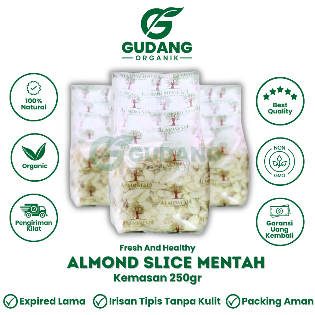 

Natural Almond Sliced Raw Kacang Almond Slice Mentah Irisan Tipis 250g