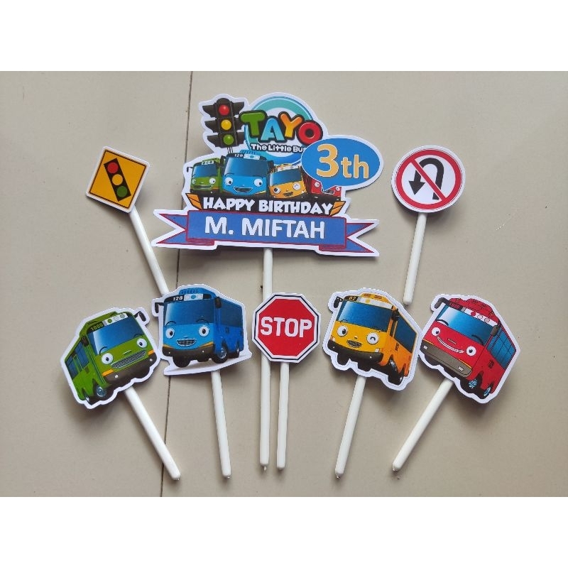 Topper Cake Ultah/Hiasan Kue Ultah/Tayo/Fullstick/8pcs/Free Custom Nama Tulisan