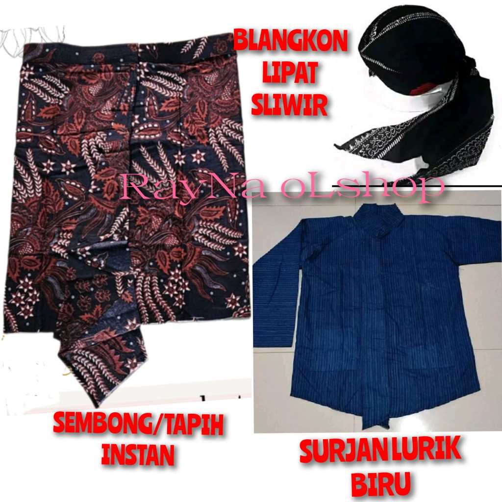 PAKETAN LENGKAP BAJU ADAT JAWA PRIA, SURJAN LURIK BIRU+ SEMBONG/TAPIH + BLANGKON LIPAT SLIWIR, PAKAI