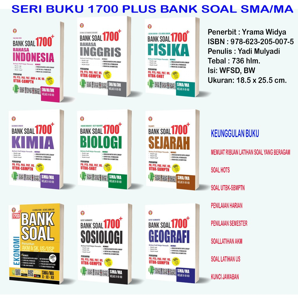 Buku 1700 Plus Bank Soal Bahasa Indonesia/Bahasa Inggris/Fisika/Kimia/Sosiologi/Sejarah/Ekonomi/Geog