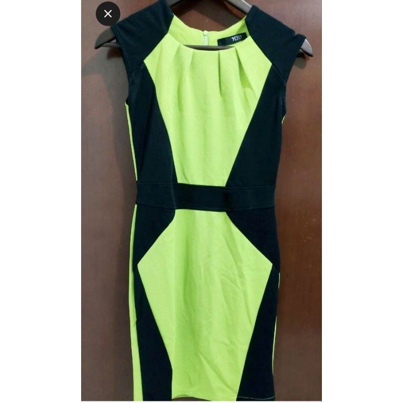 Dress bodycon neon hijau hitam formal tebal kantor