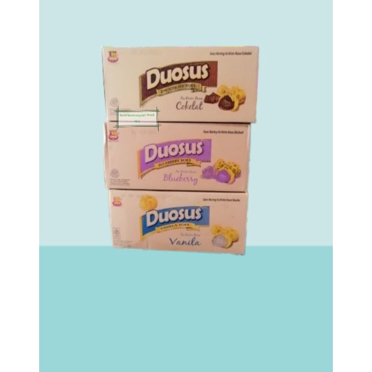 

GROSIR Duosus Kue Soes Kering Cemilan Enak Duo Sus Cokelat Blueberry 1Dus Karton isi 3 Pcs 35 Gram