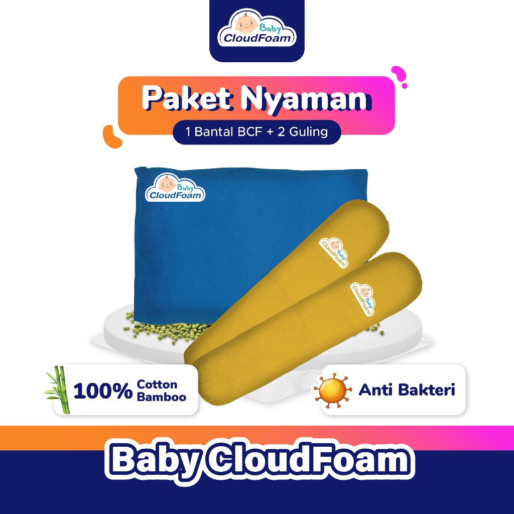 Baby Cloudfoam Paket Nyaman 1 Bantal Anti Peyang + 1 Pasang Guling Cotton Bamboo