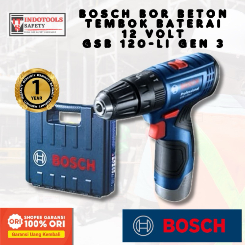 ORIGINAL GARANSI UANG KEMBALI BOSCH BOR BETON TEMBOK BATERAI DENGAN AKSESORIS 12 VOLT GSB 120-LI GEN