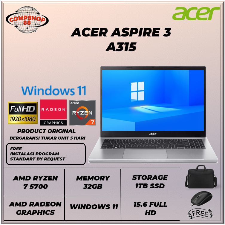 Laptop Acer Aspire 3 A315 RYZEN 7 5700 32gb 1tb Windows 11 15.6 Full HD