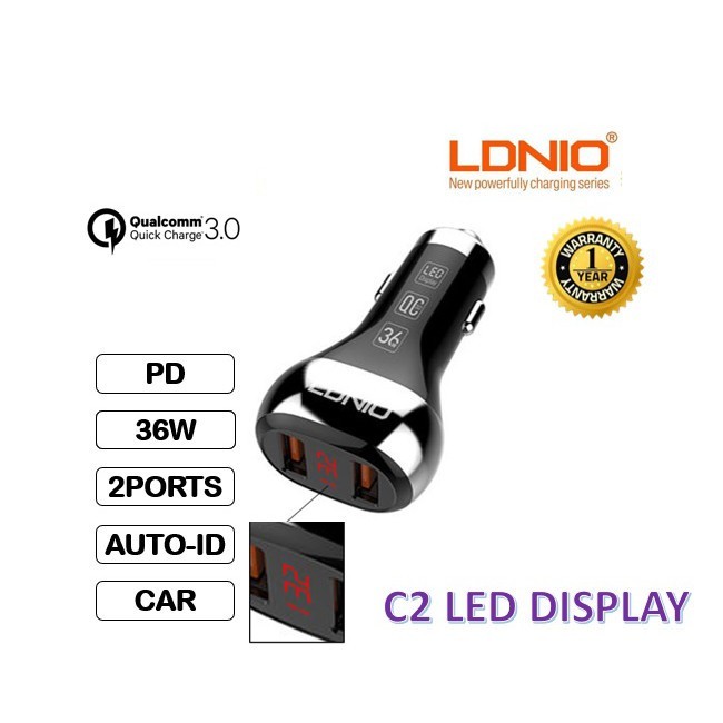 MH - Charger Mobil 36w Dual Usb QC 3.0 Display Voltmeter Digital Ldnio