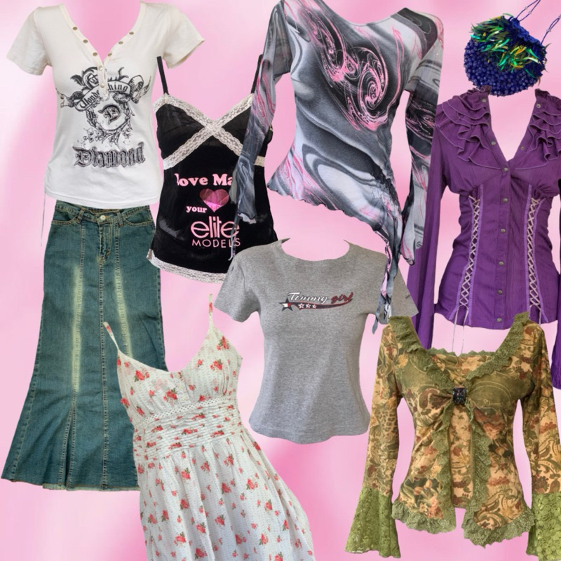 y2k cami top, flare denim skirt, racer jacket, lace, coquette, grunge, fairycore