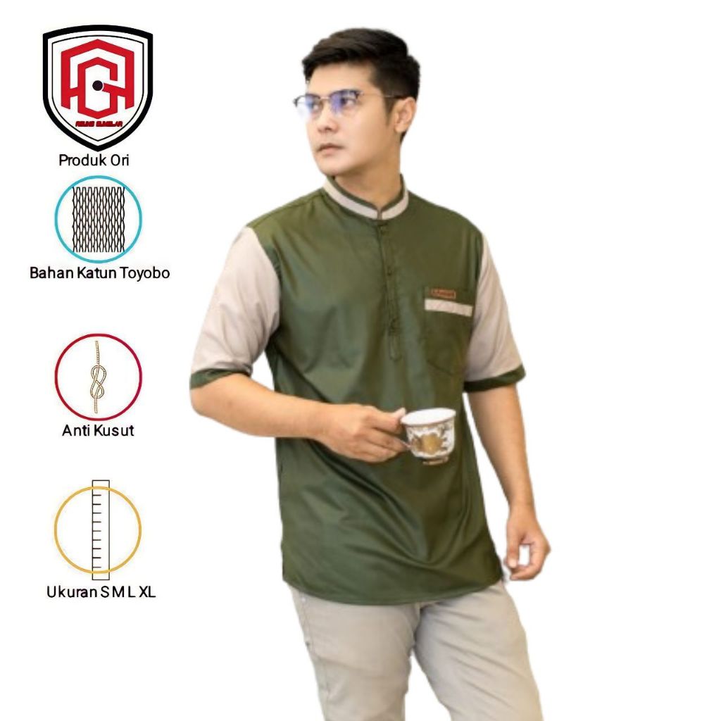 Asakhi - Baju Koko Kurta Pria Lengan Pendek Motif Ezra Warna Army M L XL
