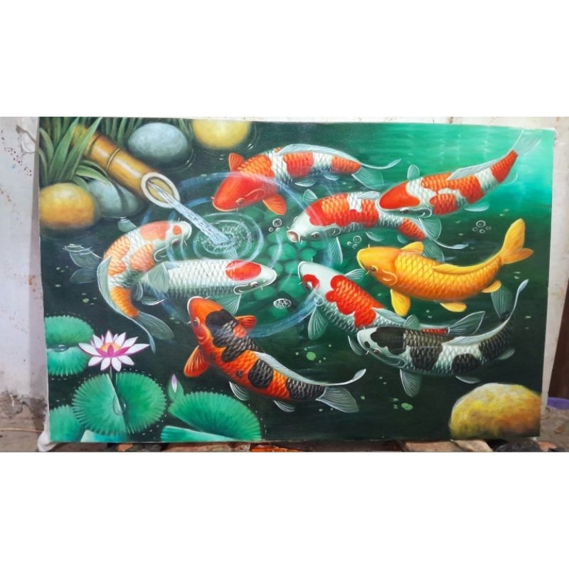 lukisan ikan koi asli buatan tangan no print,oil on kanvas ukuran 135x85cm