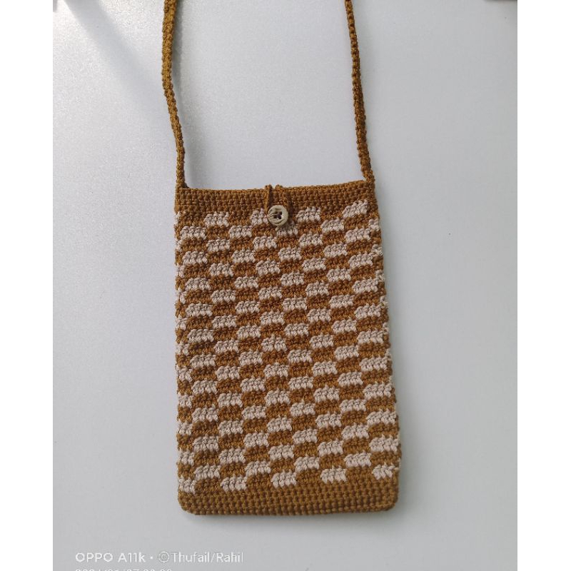 tas hp rajut, tas rajut mini, tas rajut motif unik, tas rajut Selempang