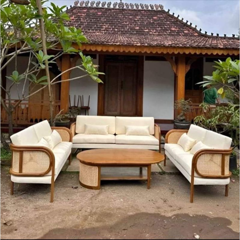 Kursi tamu retro jati kombinasi rotan - kursi tamu jati modern minimalis