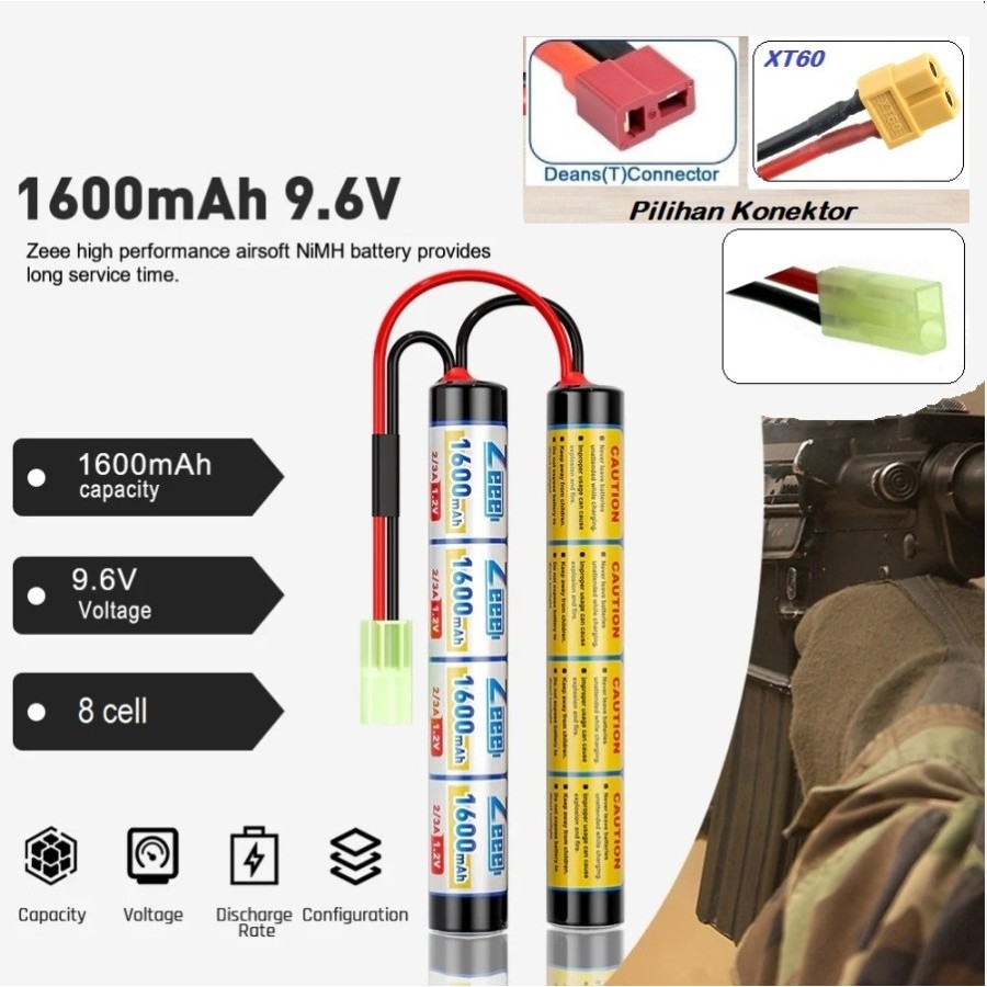 ZEEE 1600mAh 9.6v 8s NiMH Battery Batrai Rc car aeg air soft