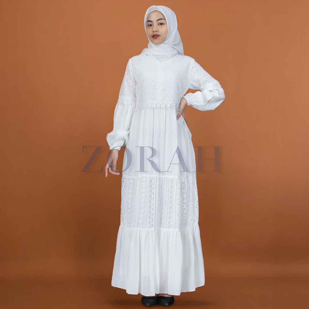 BEST SELLER ZORAH GAMIS PUTIH BROKAT WANITA SIMPLE ELEGAN BUSUI & WUDHU FRIENDLY DRESS BRUKAT PUTIH