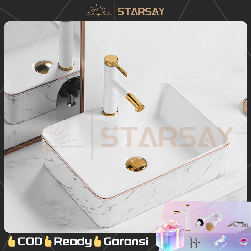 Aksesoris keran gratis Washtafel  Marble marmer/Washtafel  Kamar Mandi Dasar Putih Corak Lis  Gantun