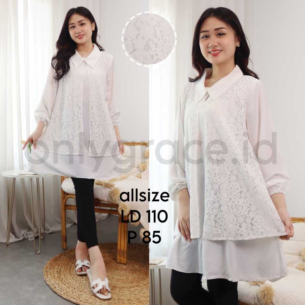 Tunik Brukat Kombinasi Crepe Lengan Panjang Atasan Tunik Lengan Panjang Import Brukat Tunik Putih Tu